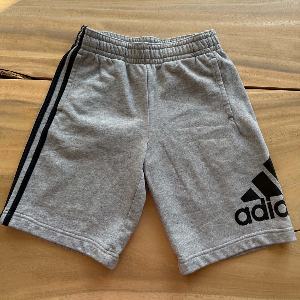 adidas Boys Grey Athletic Knit Shorts with Black Logo - Size M
